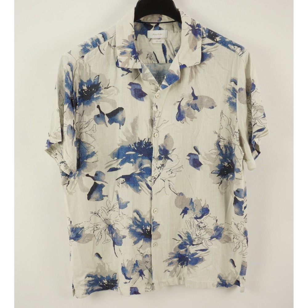 Porter & Ash Linen Blend Men's XL Short Sleeve White Blue Floral Button Up Shirt